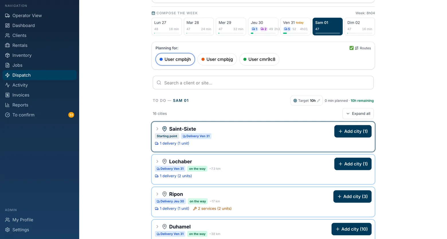 Cadence dispatch as it runs in production: the week composed day by day, then visits grouped by town with their estimated workload.